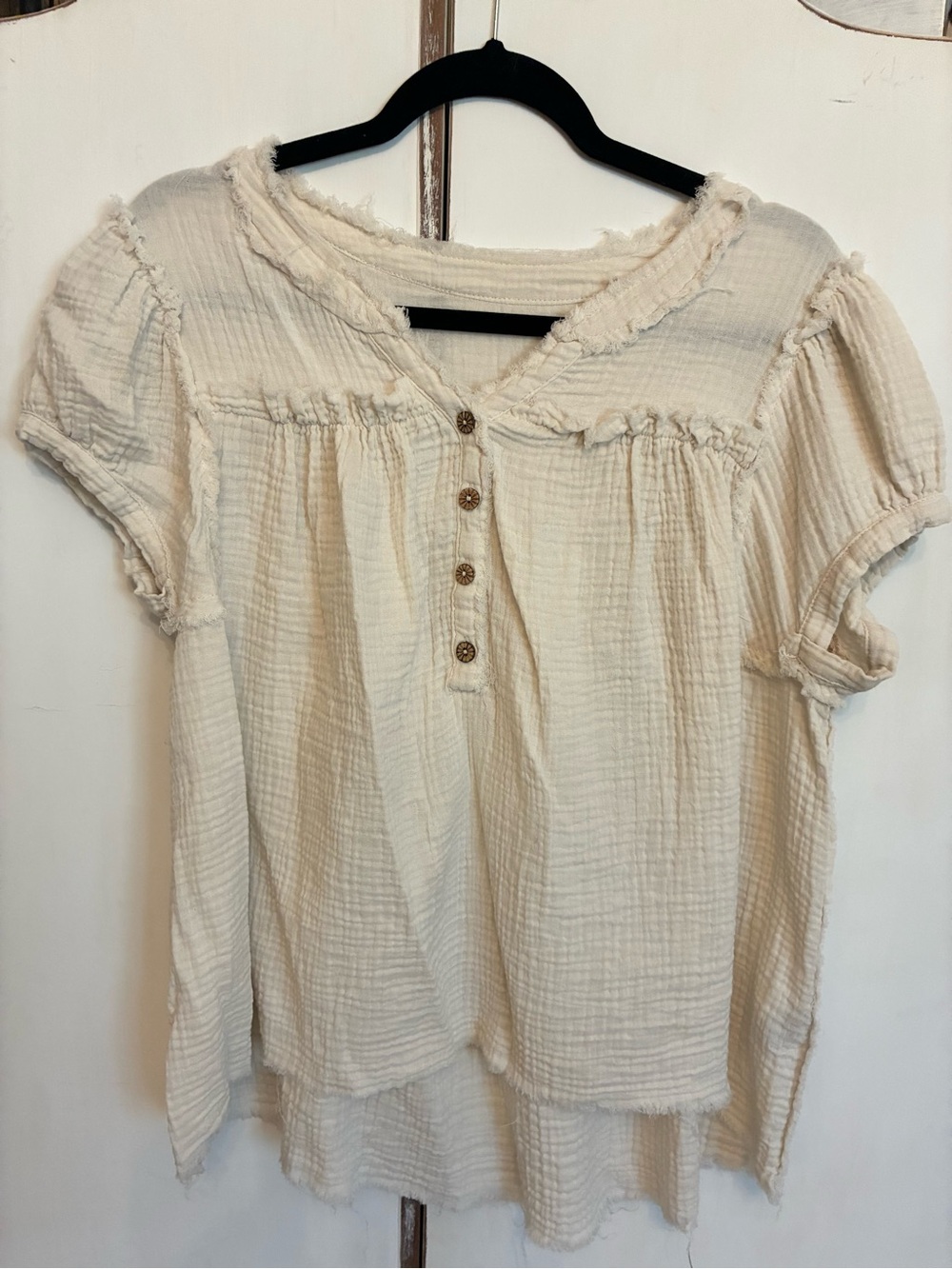 Cream Button-Front Gauze Peasant Top